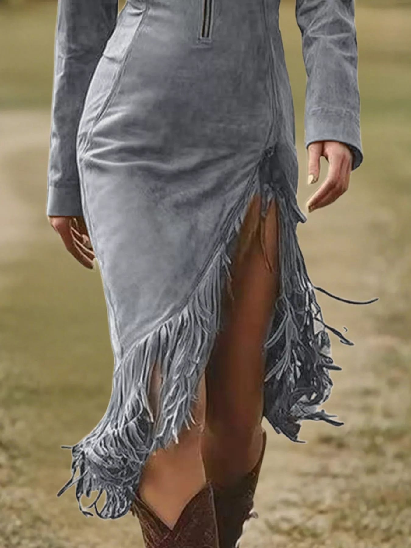 Fringe Hem Zip Front Bodycon Dress by Shopiebay