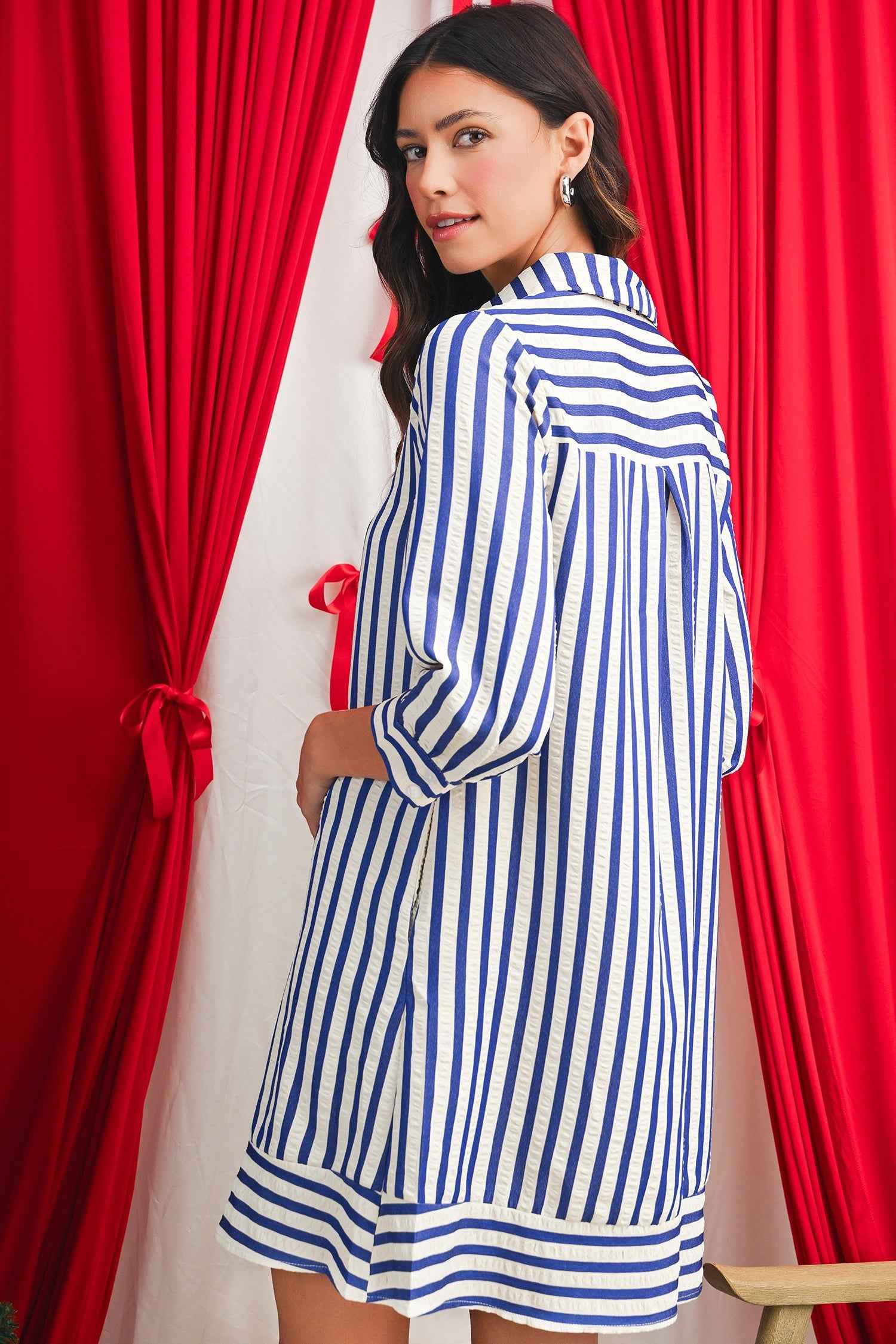 Blue Striped Collared Half Button Side Pockets Loose Fit Mini Dress