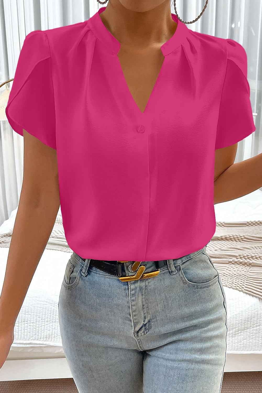 Rose Red Silky Notched Neckline Petal Sleeve Blouse
