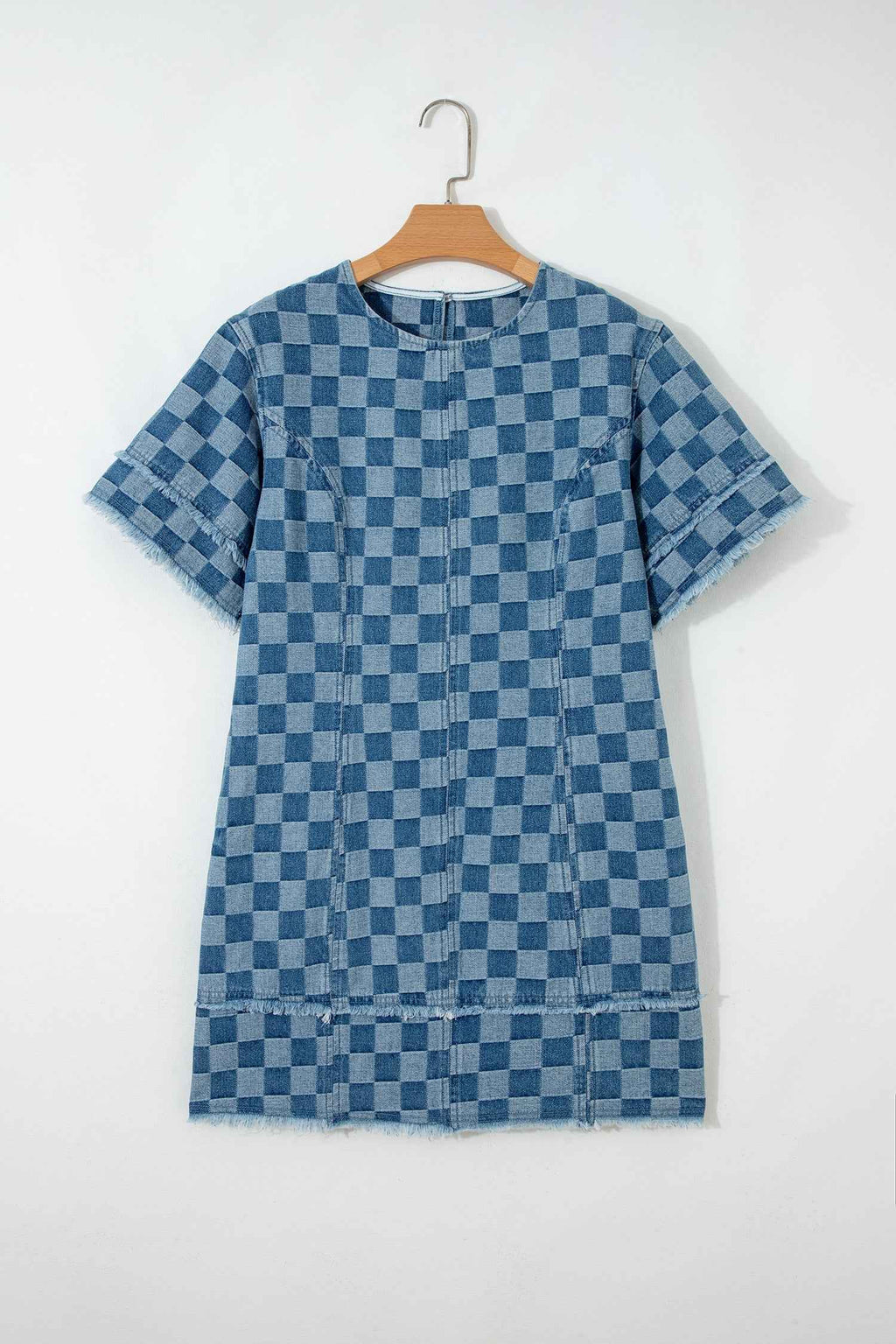 Sky Blue Frayed Hem Checkered Denim Mini Dress