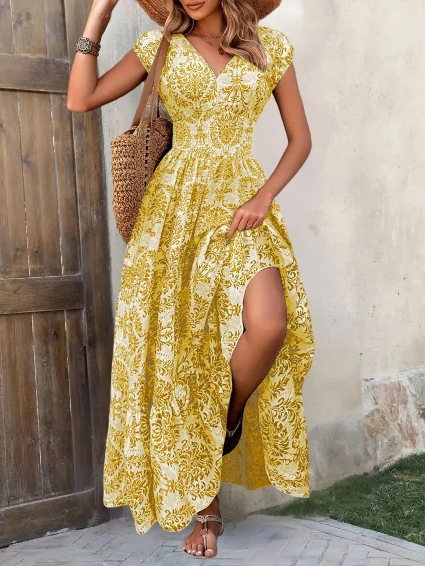 Printed Cap Sleeve Maxi Dress by Shopiebay