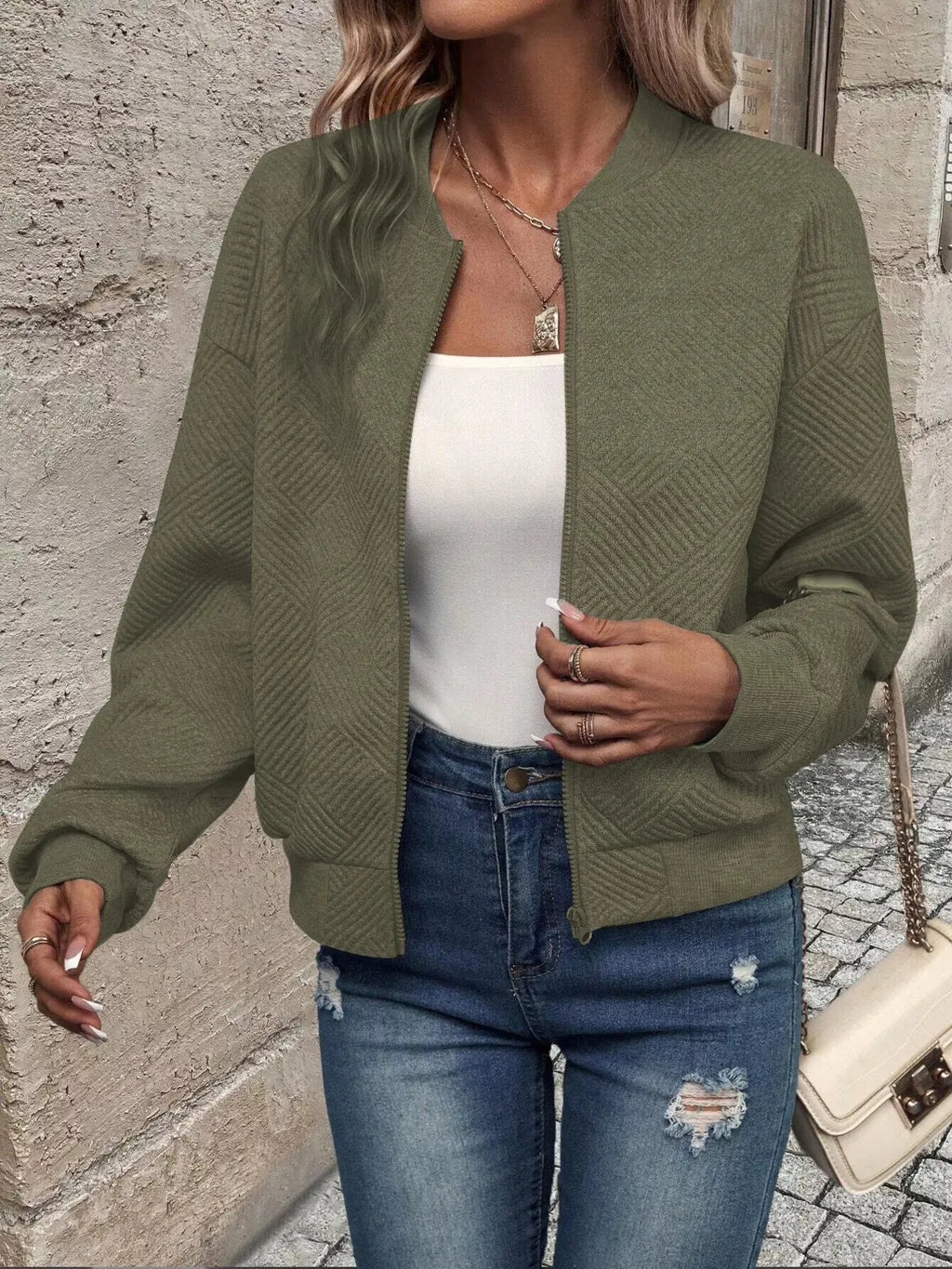 Texture Zip Up Bomber Jacket
