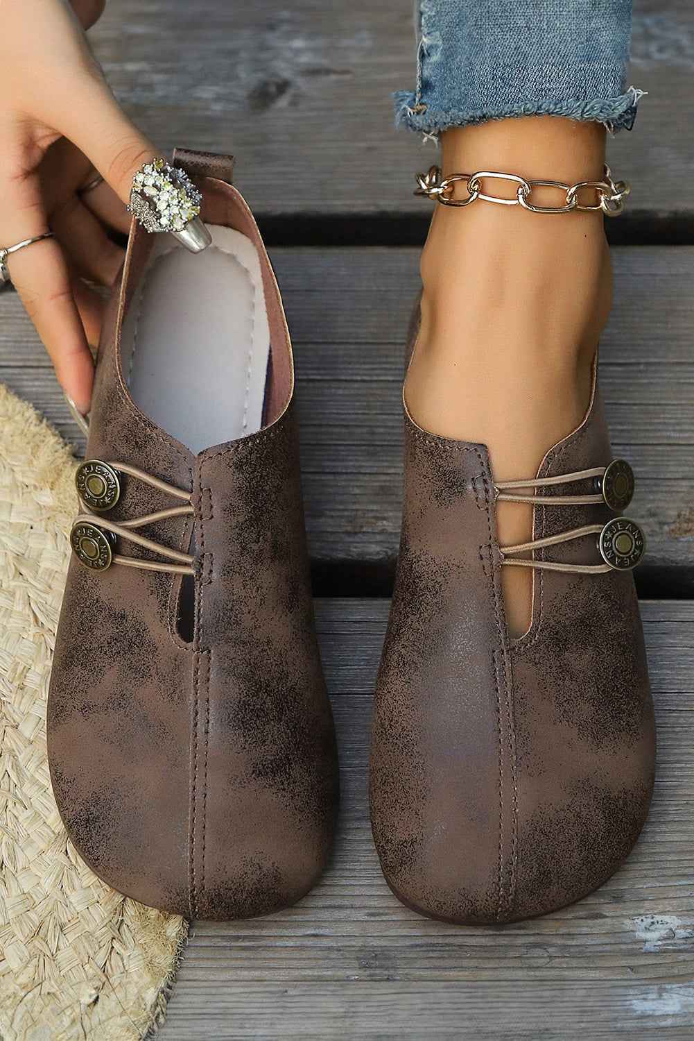 Coffee Button Detail Vintage Faux Leather Loafer Shoes