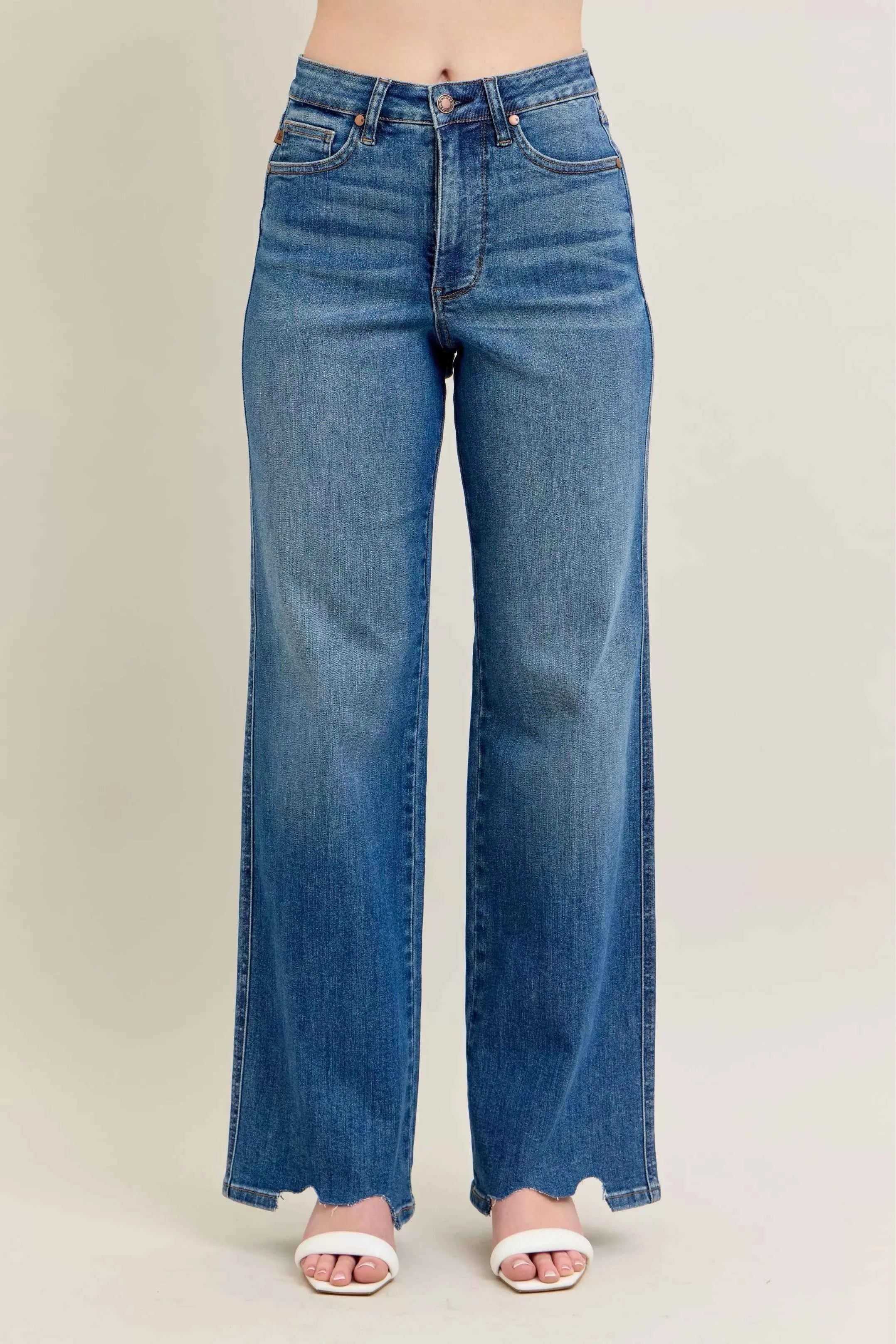 Judy Blue Full Size High Waist Tummy Control Chew Hem Destroy Wide Jeans Plus Size