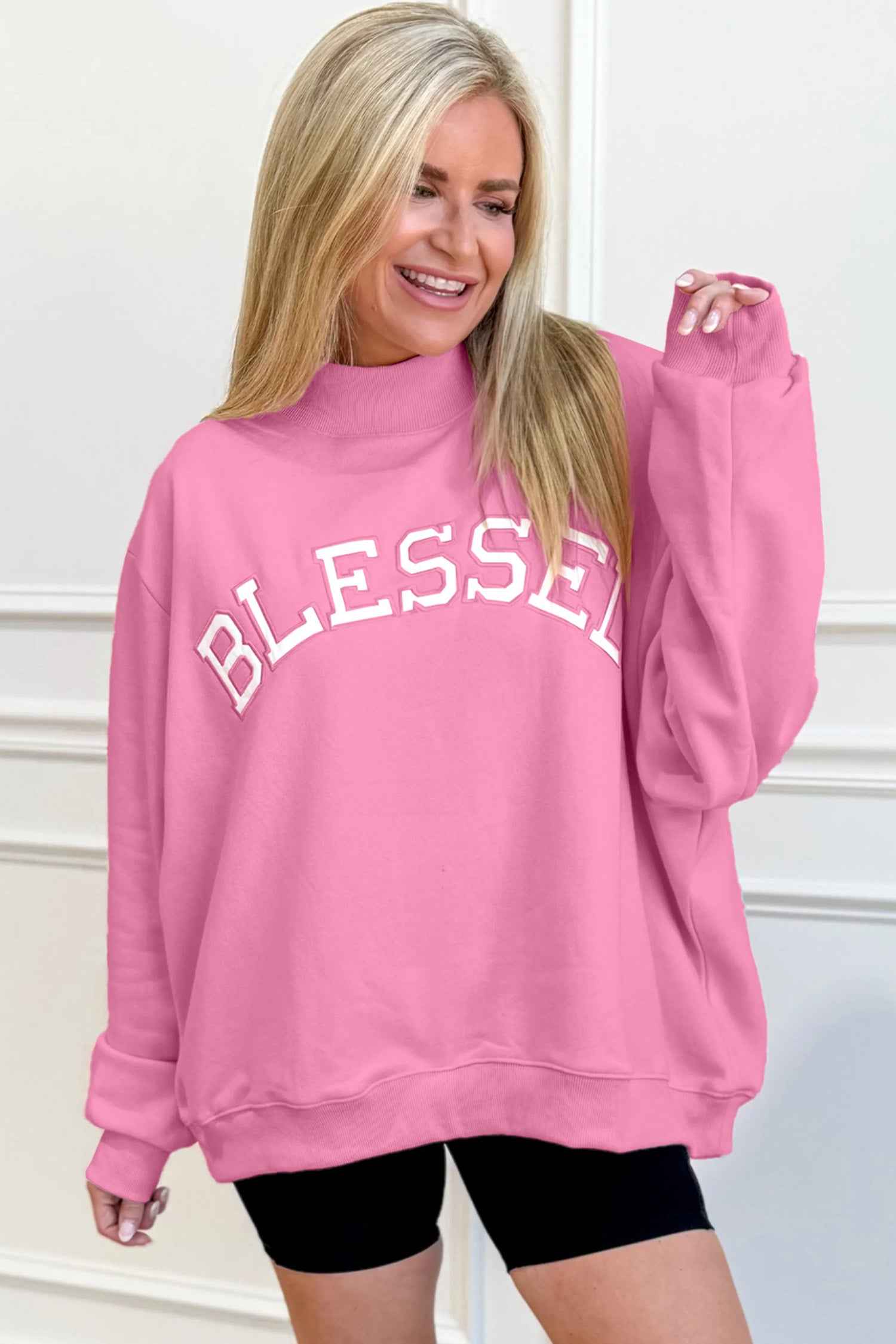 Bright Pink Oversize Blessed Embroidered Mock Neck Sweatshirt
