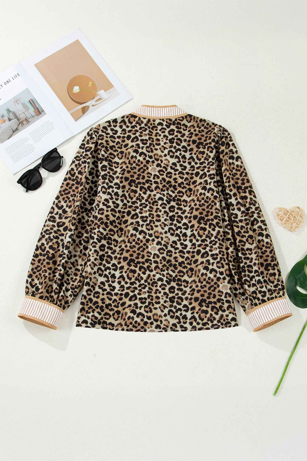 Khaki Contrast Striped Trim V Neck Leopard Shirt