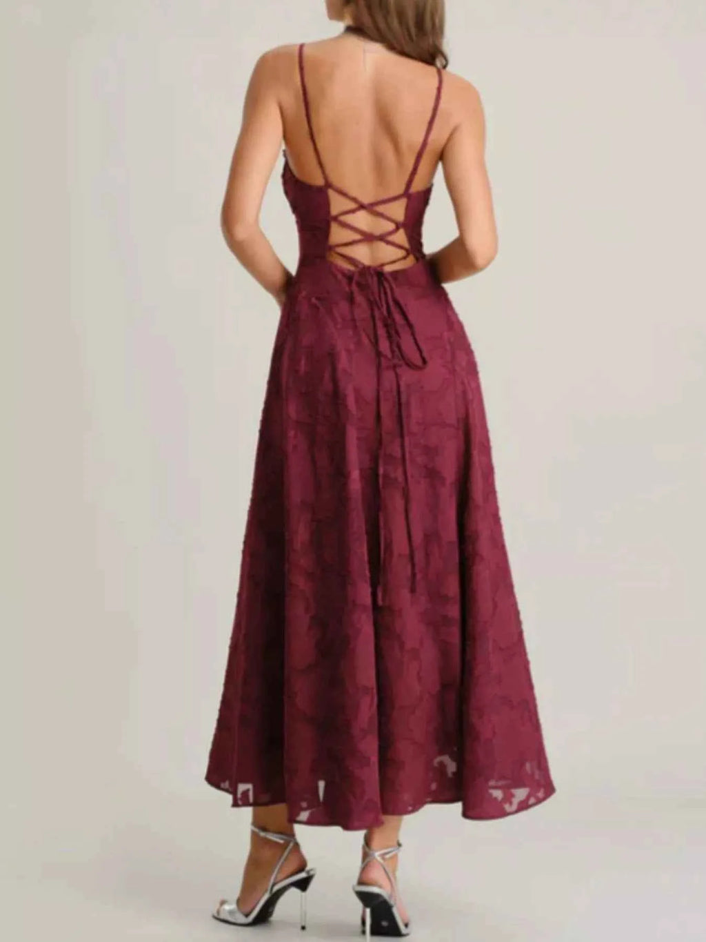 Lace-Up Back Floral Lace Spaghetti Strap Maxi Dress