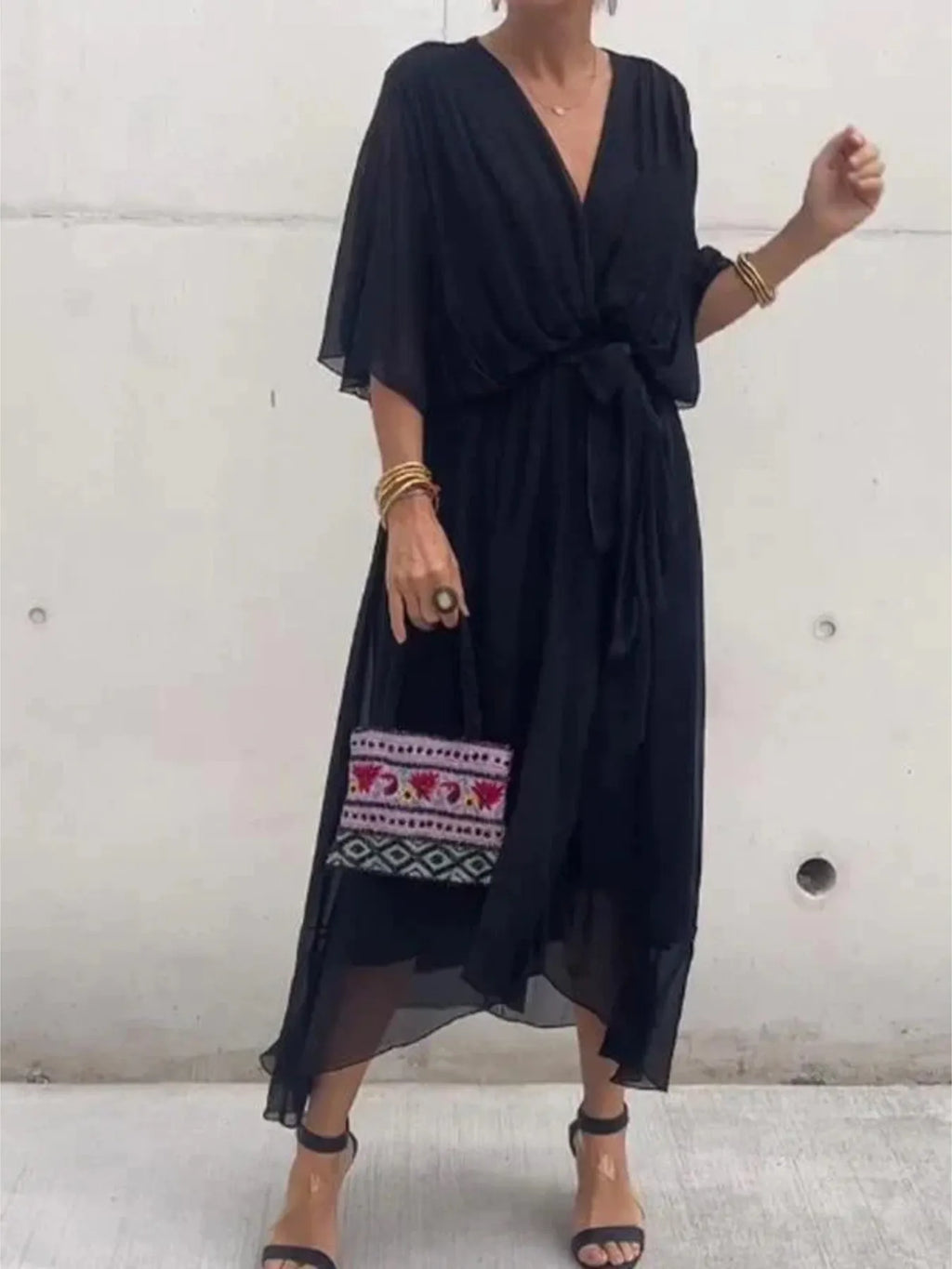 Flowy Tie Front Midi Dress with Flutter Sleeves by Shopiebay