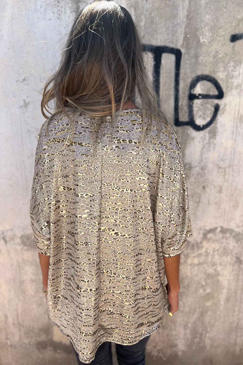 Gray Leopard Print 3/4 Sleeve V Neck Loose Fit T Shirt