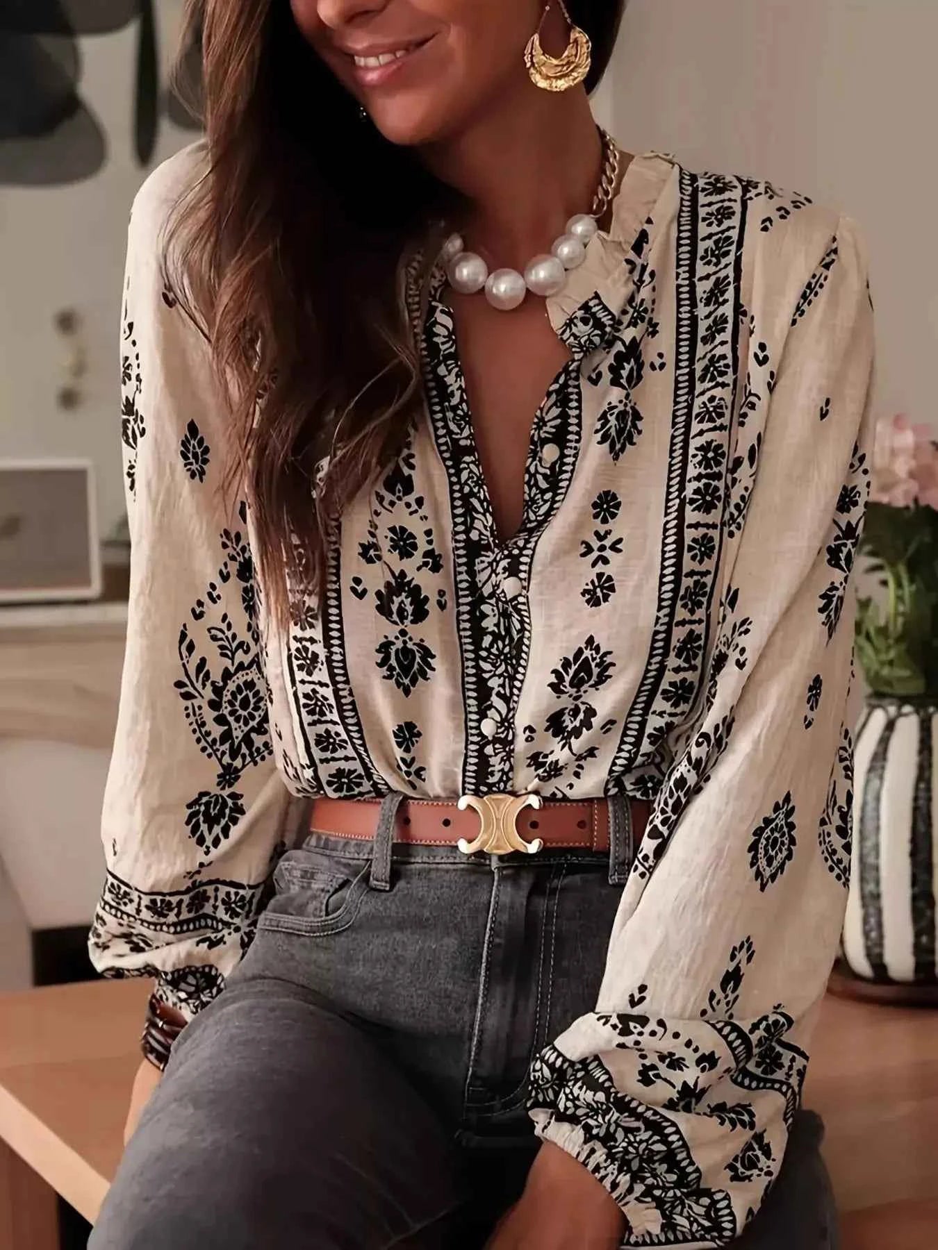 Printed Long Sleeve Boho Blouse