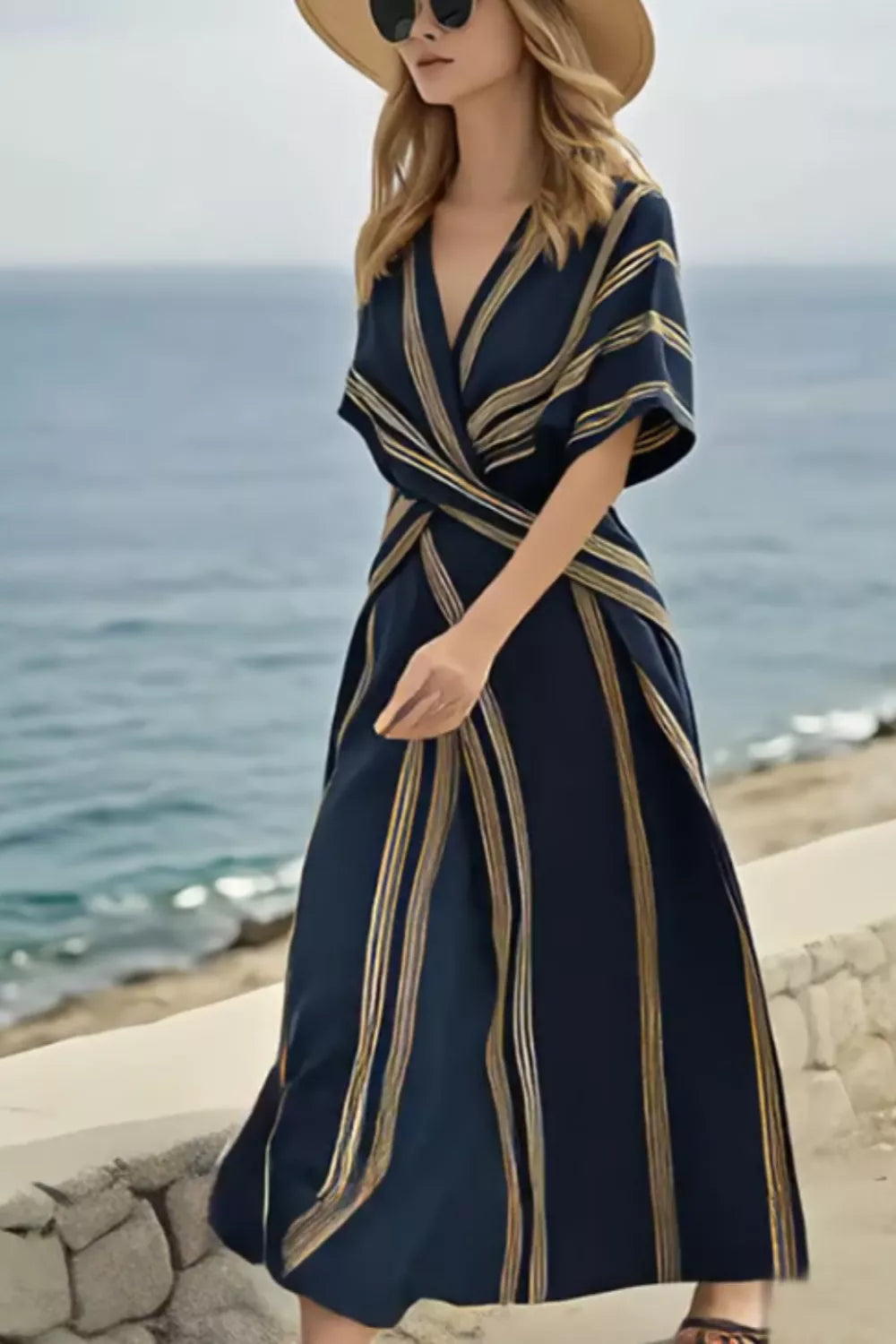 Striped Wrap Half Sleeve Maxi Dress by Shopiebay