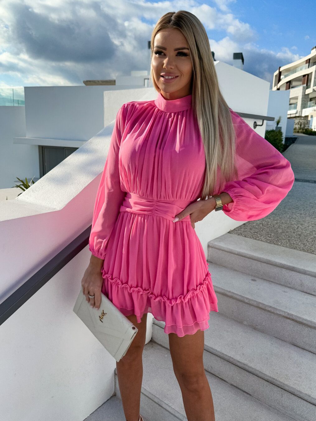 Women's Solid Color Chiffon Waist Shirring Dress