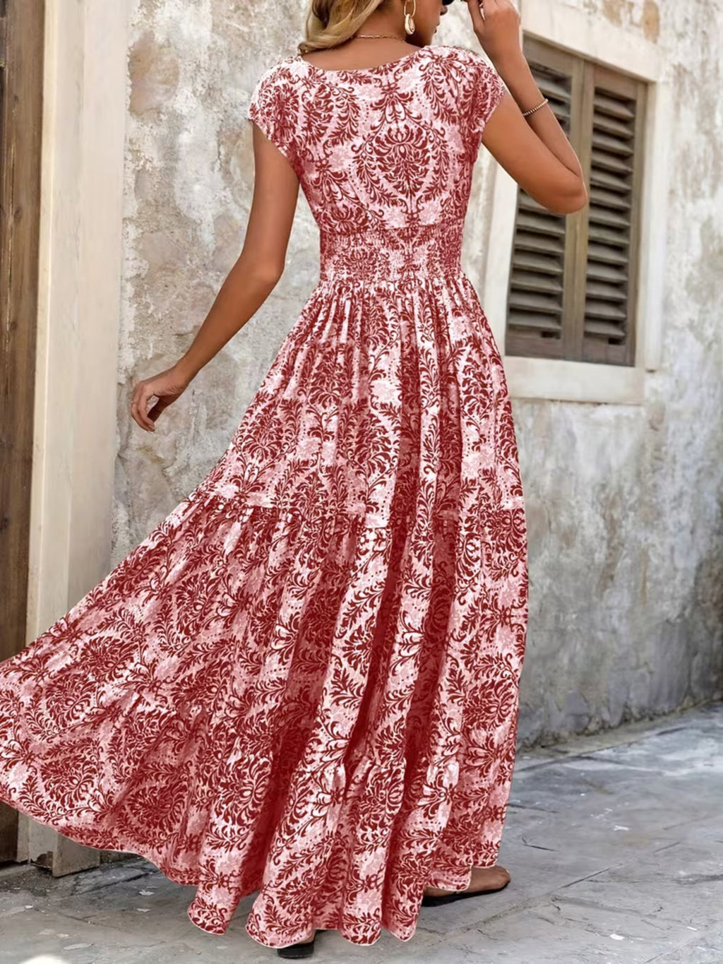Printed Cap Sleeve Maxi Dress by Shopiebay