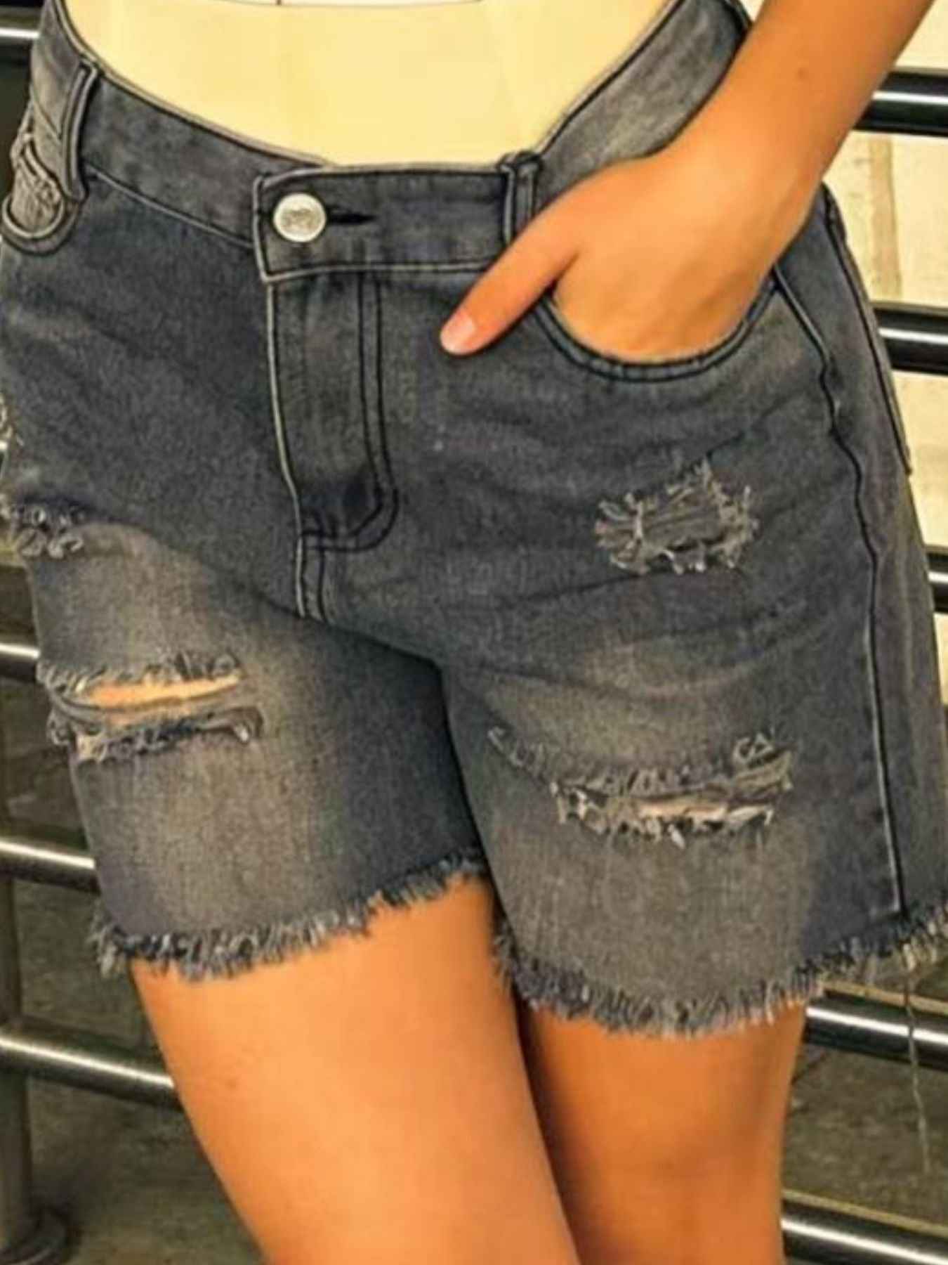 Plus Size Distressed Frayed Hem Denim Shorts