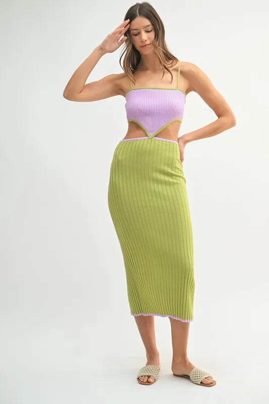 MABLE Ribbed Knit Color Block Cutout Midi Dress by Selvanelle