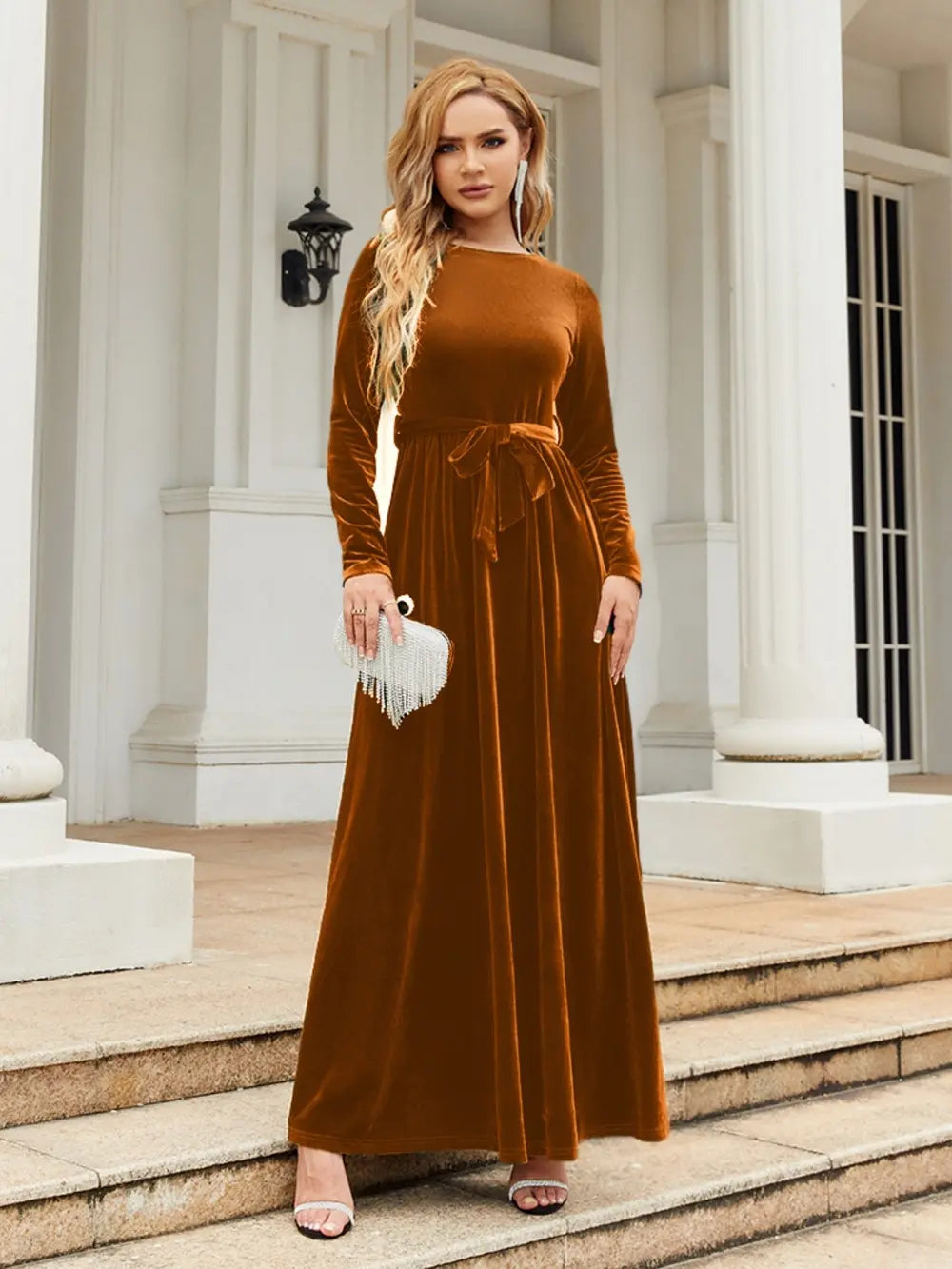 Tie Front Round Neck Long Sleeve Maxi Dress by Shopiebay