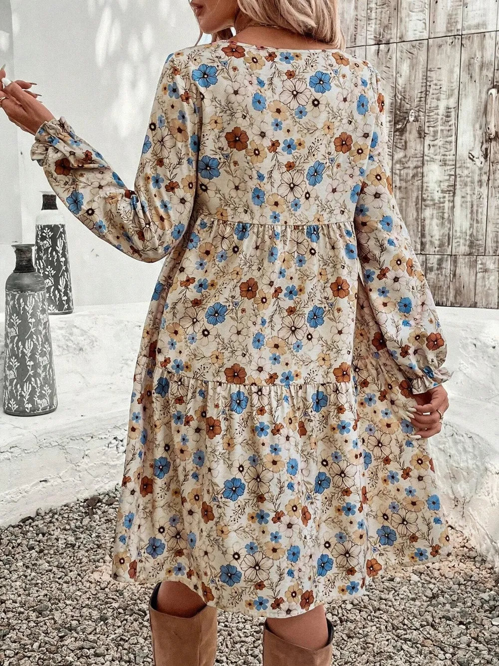 Tiered Floral Round Neck Long Sleeve Dress by Shopiebay