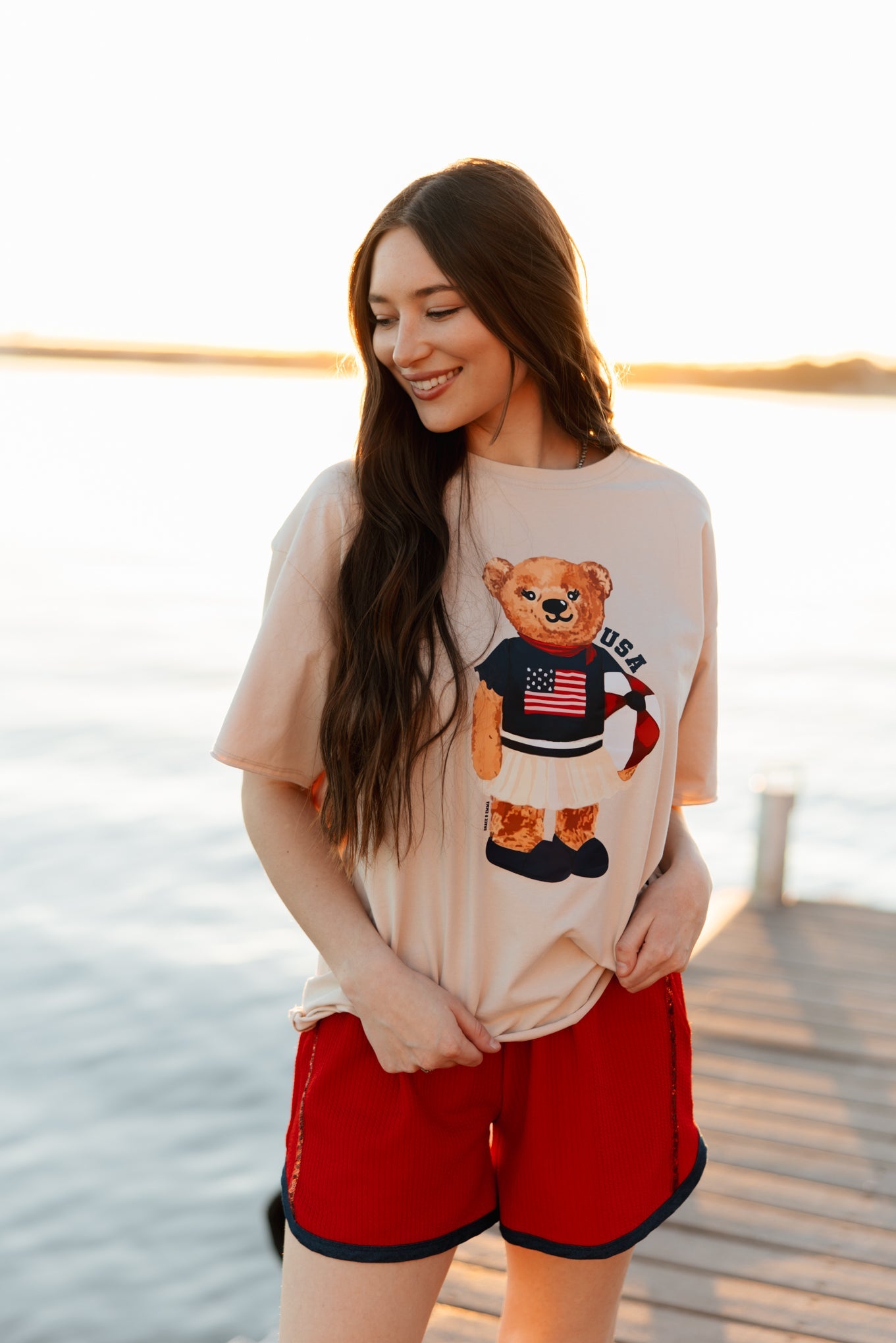 USA Teddy on Beige Boxy Tee by Grace+Emma