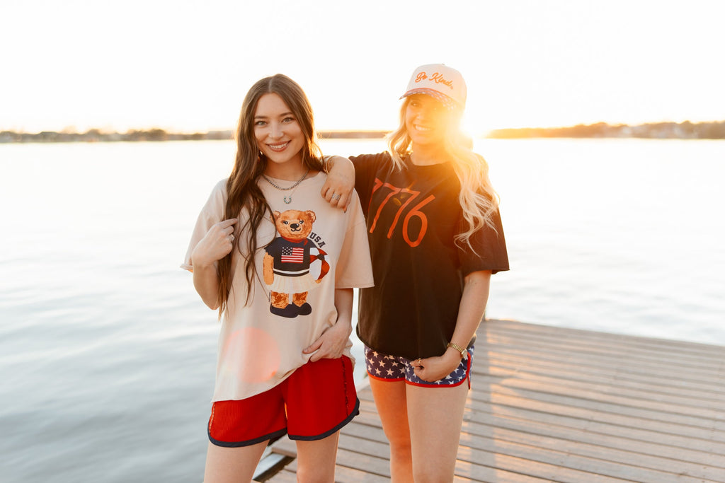 USA Teddy on Beige Boxy Tee by Grace+Emma