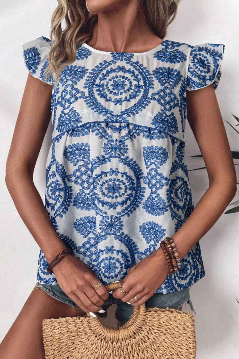 Blue Boho Print Flutter Sleeve Crew Neck Blouse