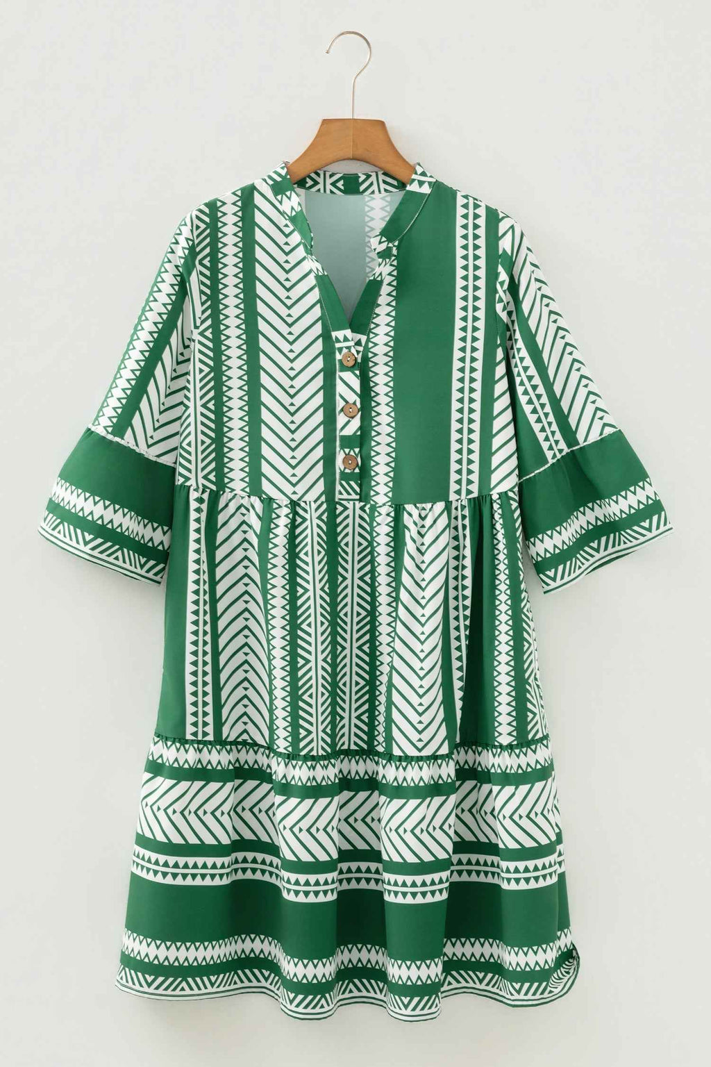 Green Boho Ethnic Print Half Button 3/4 Sleeve Casual Dress