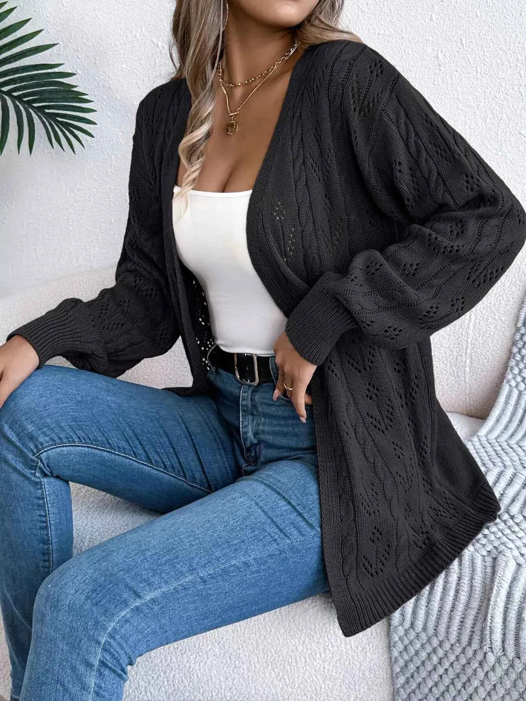 Openwork Open Front Long Sleeve Cardigan