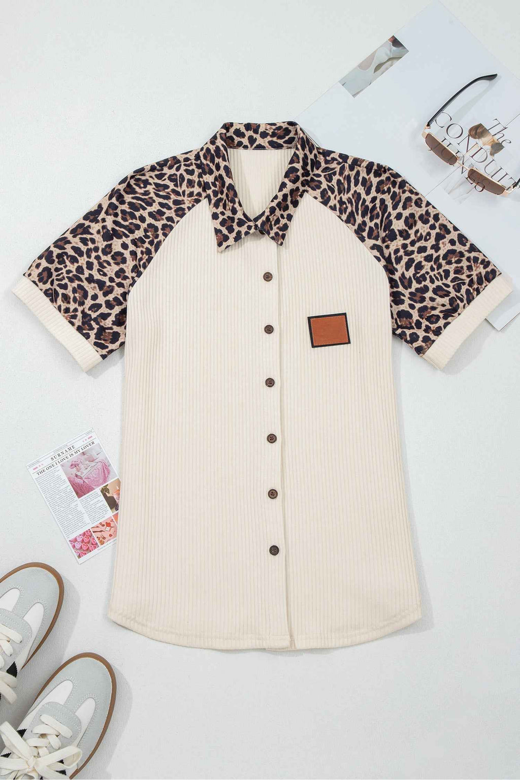 White Ribbed Texture Button Down Leopard Patchwork Short Sleeve Shirt