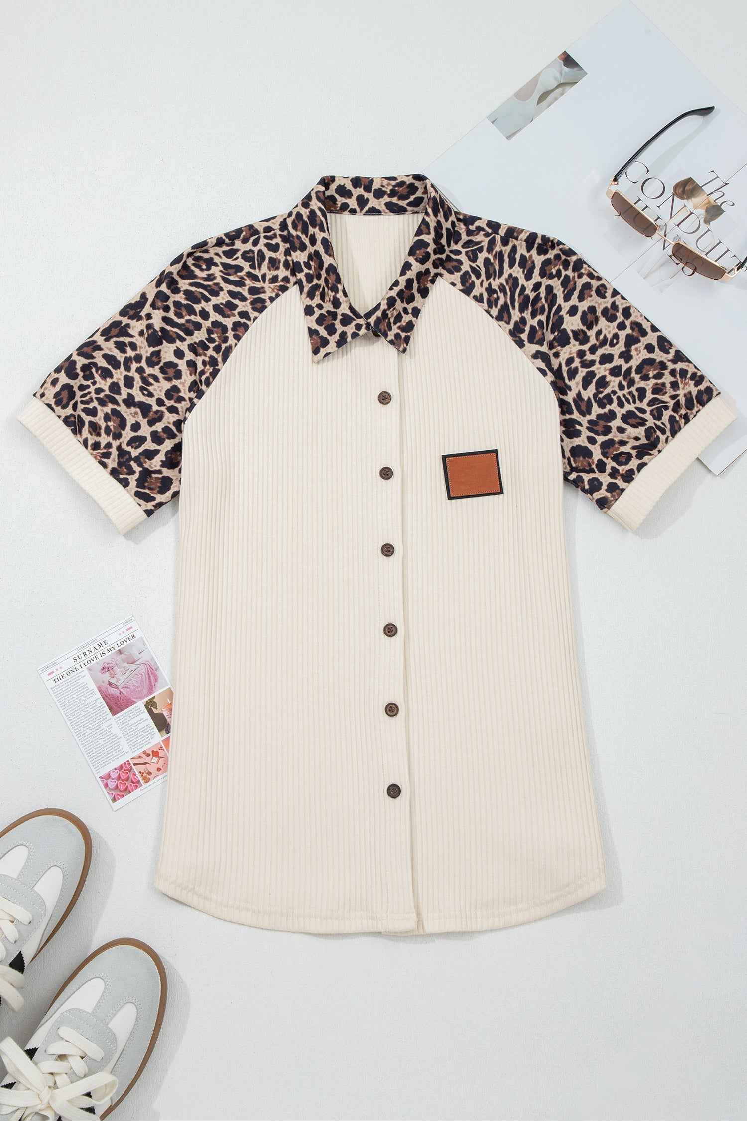 White Ribbed Texture Button Down Leopard Patchwork Short Sleeve Shirt