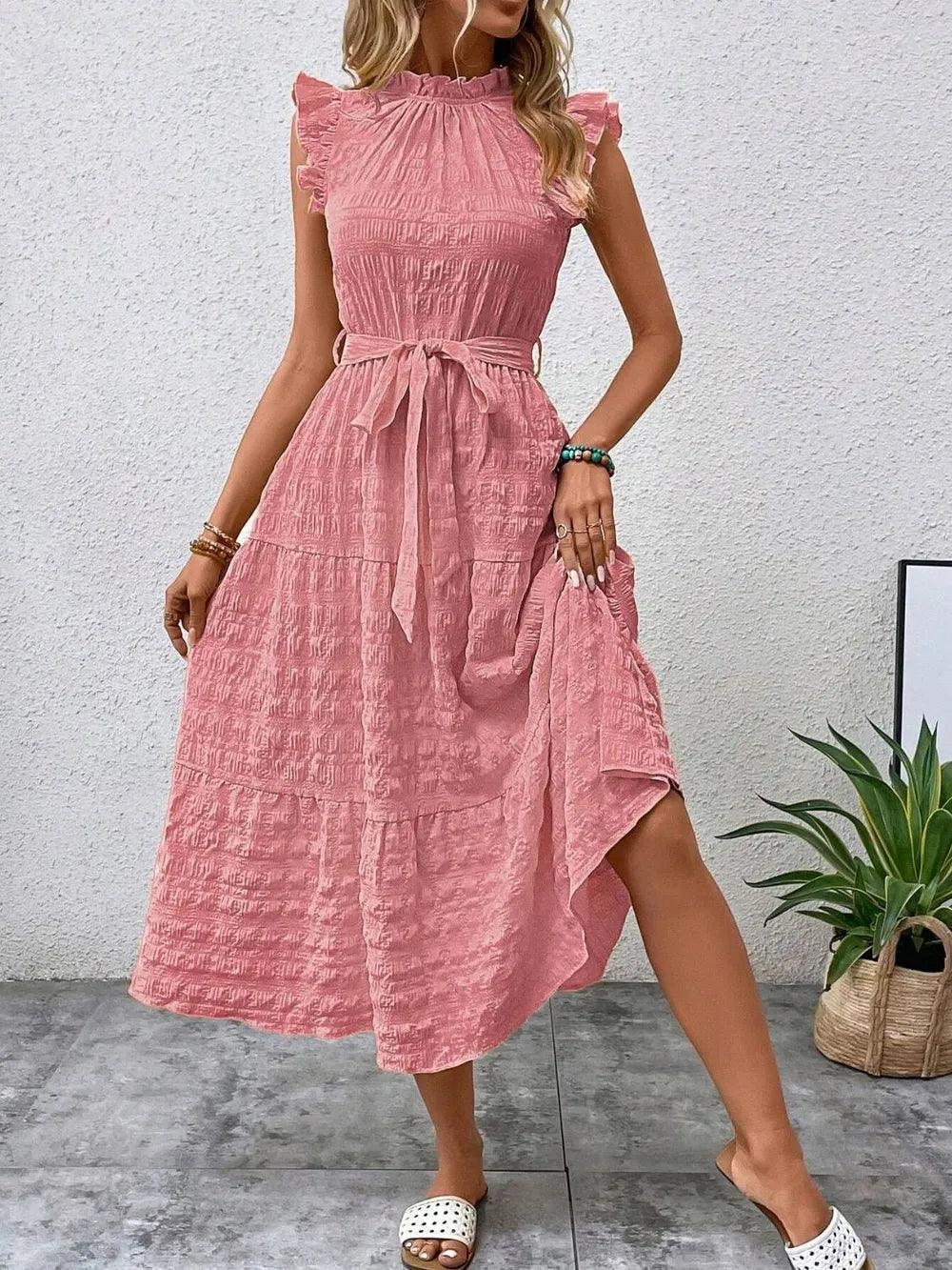 Tied Ruffled Cap Sleeve Midi Dress by Shopiebay