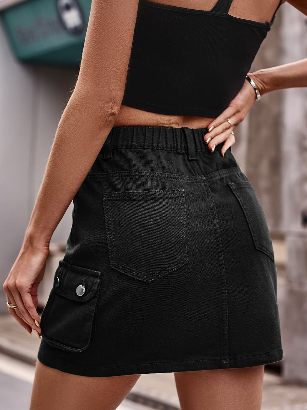 Denim Mini Skirt with Pockets See size chart under “more details”