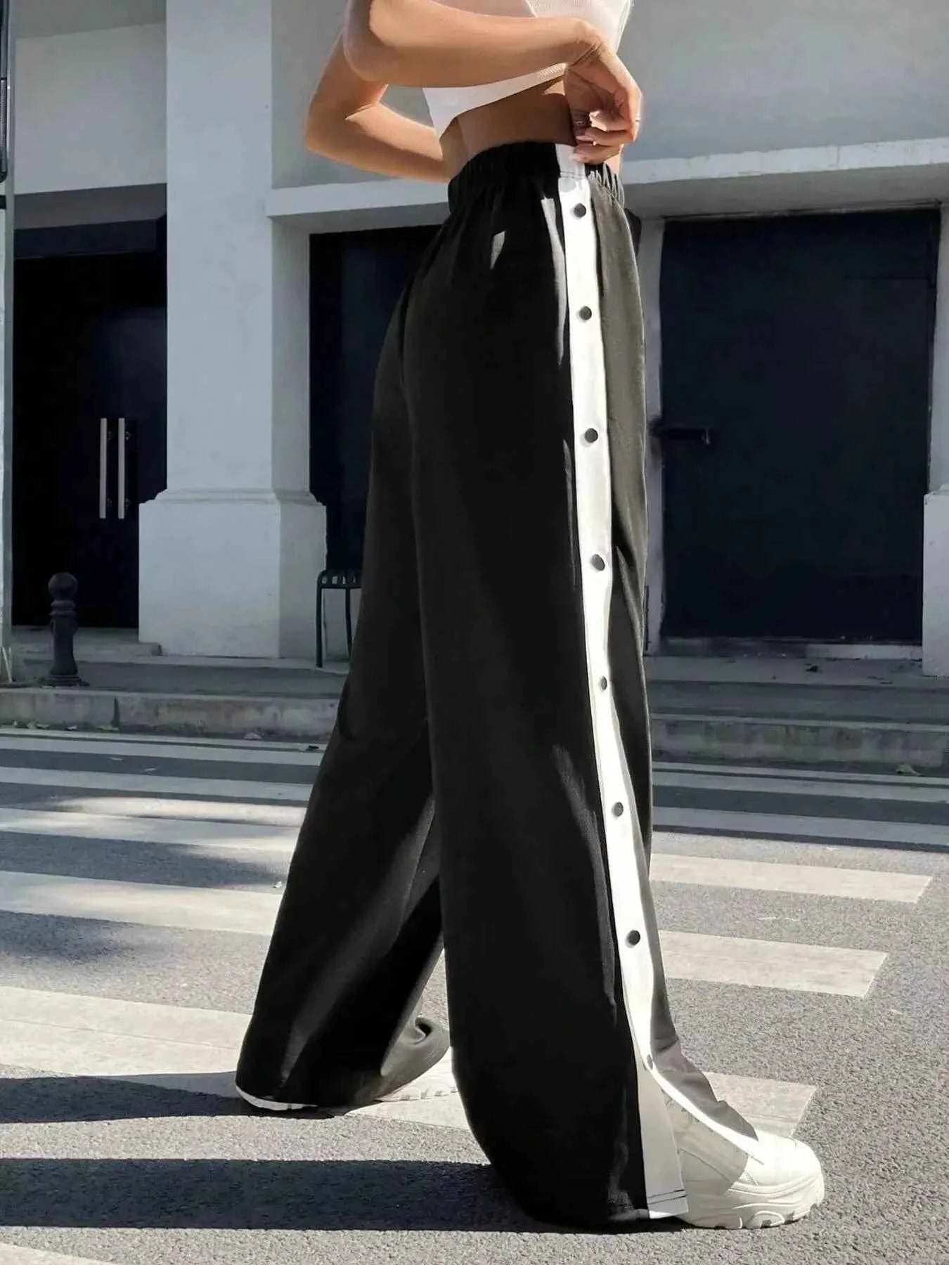 Two-Tone Side Snap Womens Wide Leg Pants
