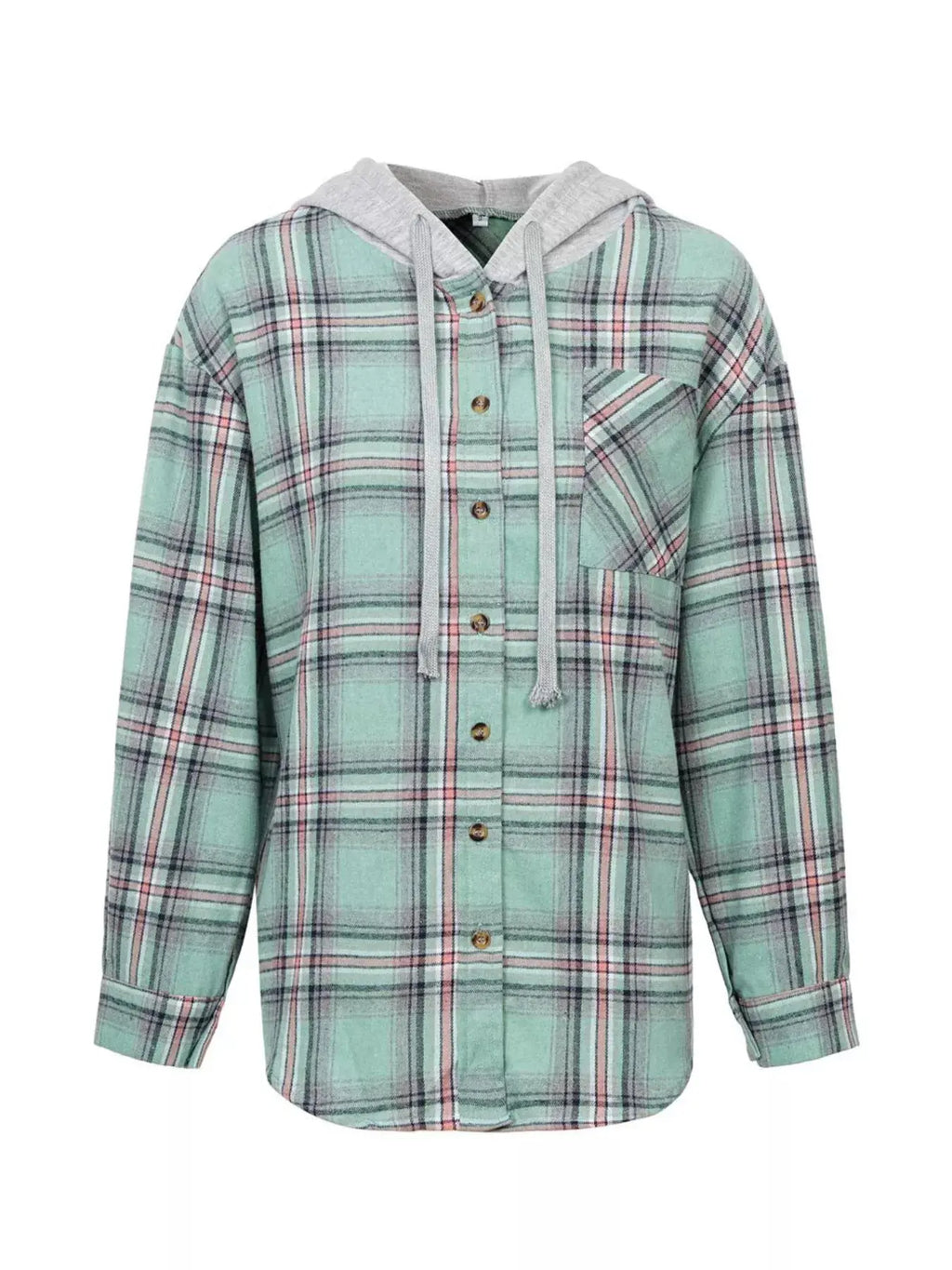 Plaid Button-Up Oversized Hooded Shirt with Chest Pocket