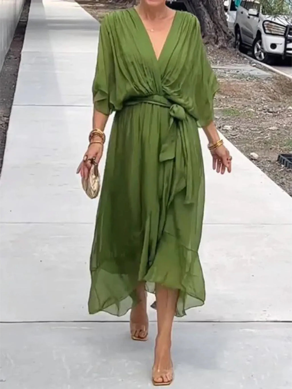 Flowy Tie Front Midi Dress with Flutter Sleeves by Shopiebay