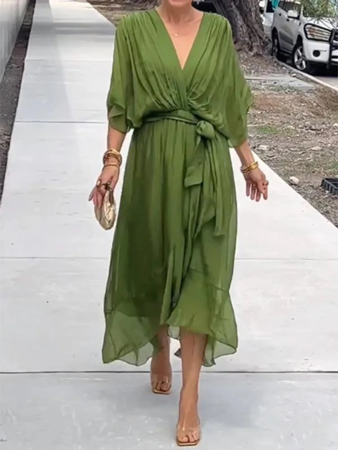Flowy Tie Front Midi Dress with Flutter Sleeves by Shopiebay