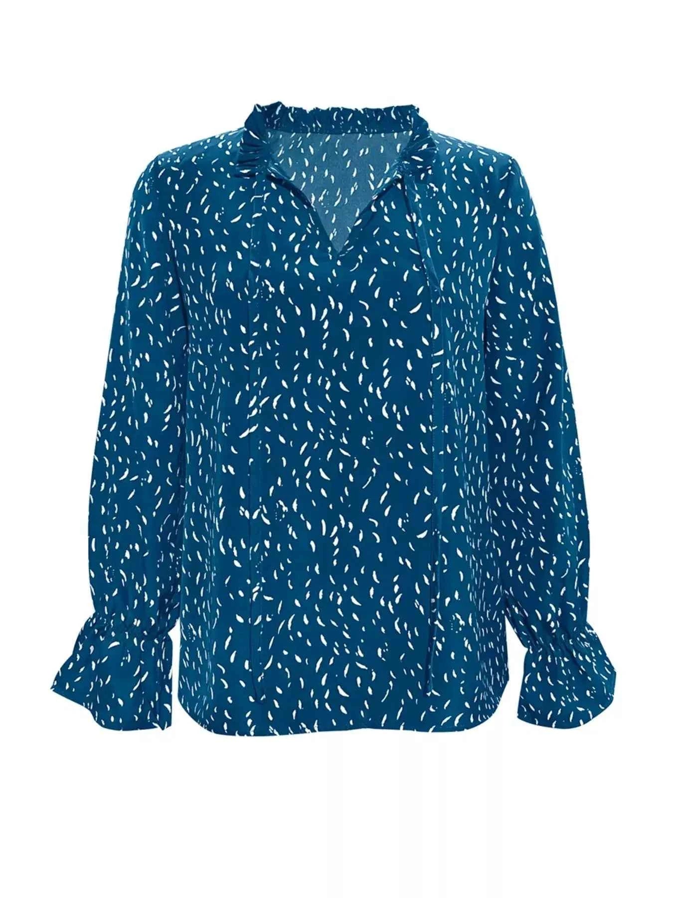 Ruffled Printed Tie Neck Long Sleeve Blouse