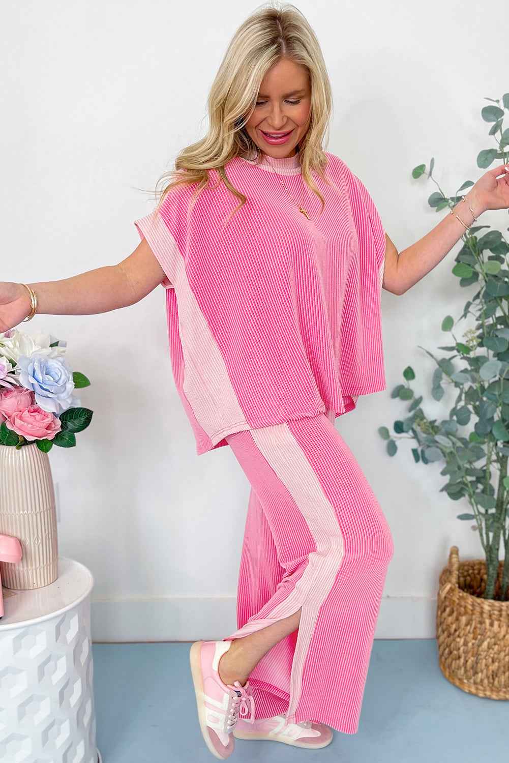 Sachet Pink 2-tone Colorblock Patchwork Corded 2pcs Outfit by Wild and Free Boutique