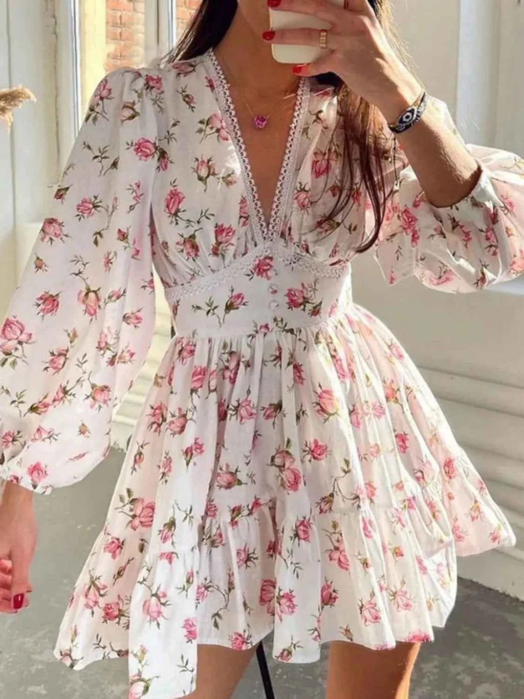 Lace Detail V Neck Balloon Sleeve Dress