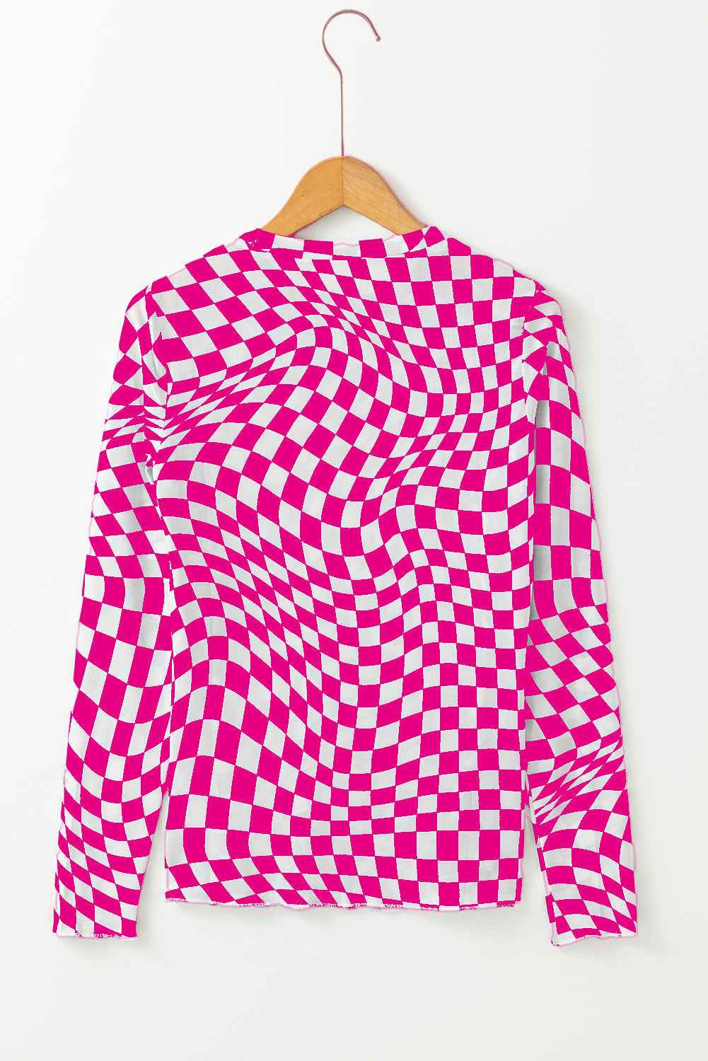 Rose Checkered Pattern Mesh Mock Neck Long Sleeve Top
