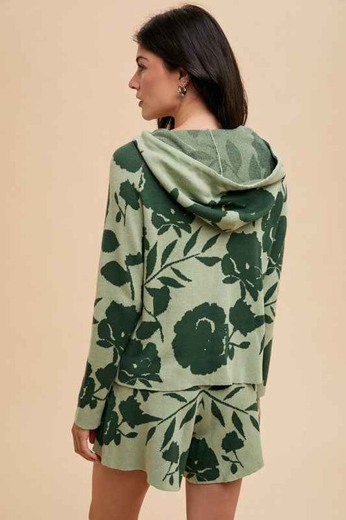 Annie Wear Flower Pattern Drawstring Hooded Top and Shorts Sweater Set by Wild and Free Boutique