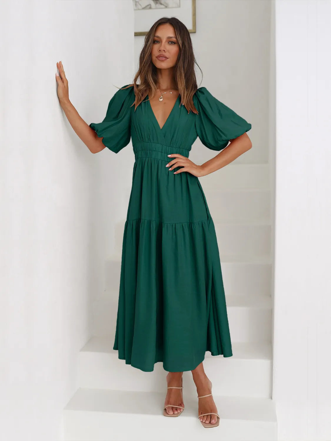 Tiered Surplice Half Sleeve Midi Dress by Shopiebay