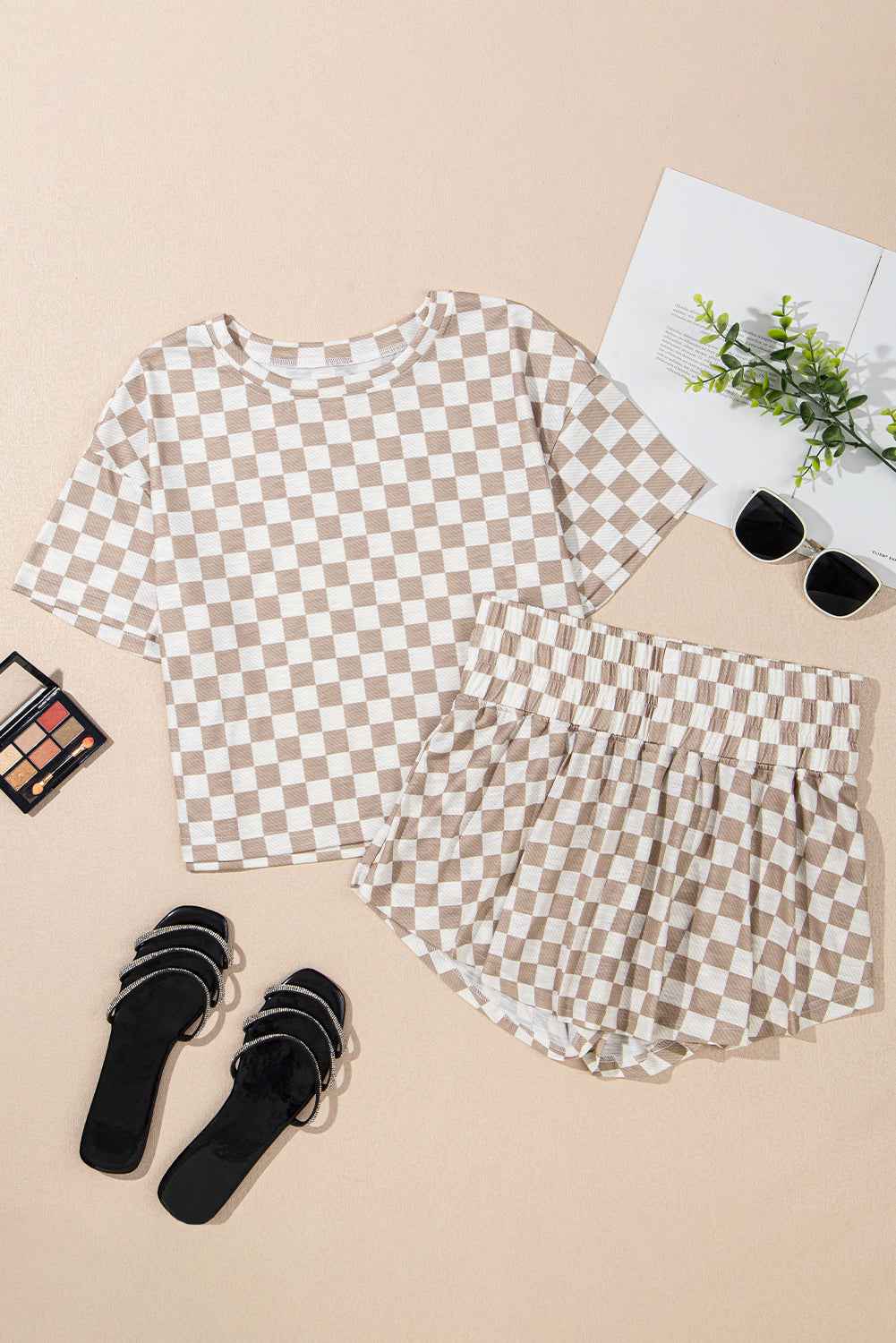 Brown Checkerboard T Shirt and High Waist Skorts Set