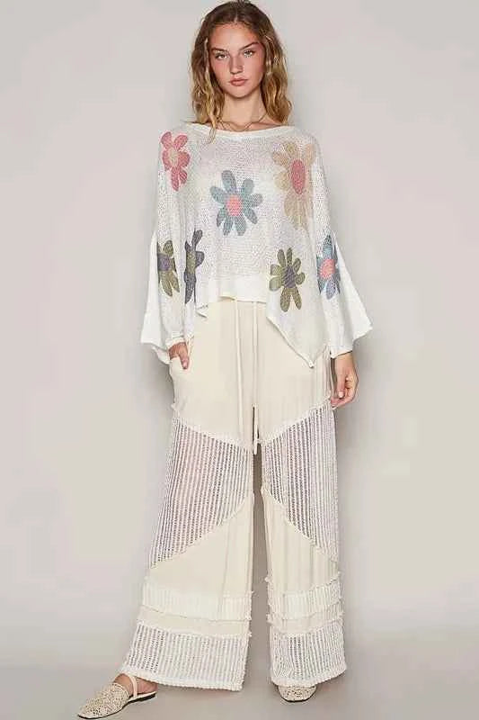 POL Flower Dropped Shoulder Long Sleeve Knit Top