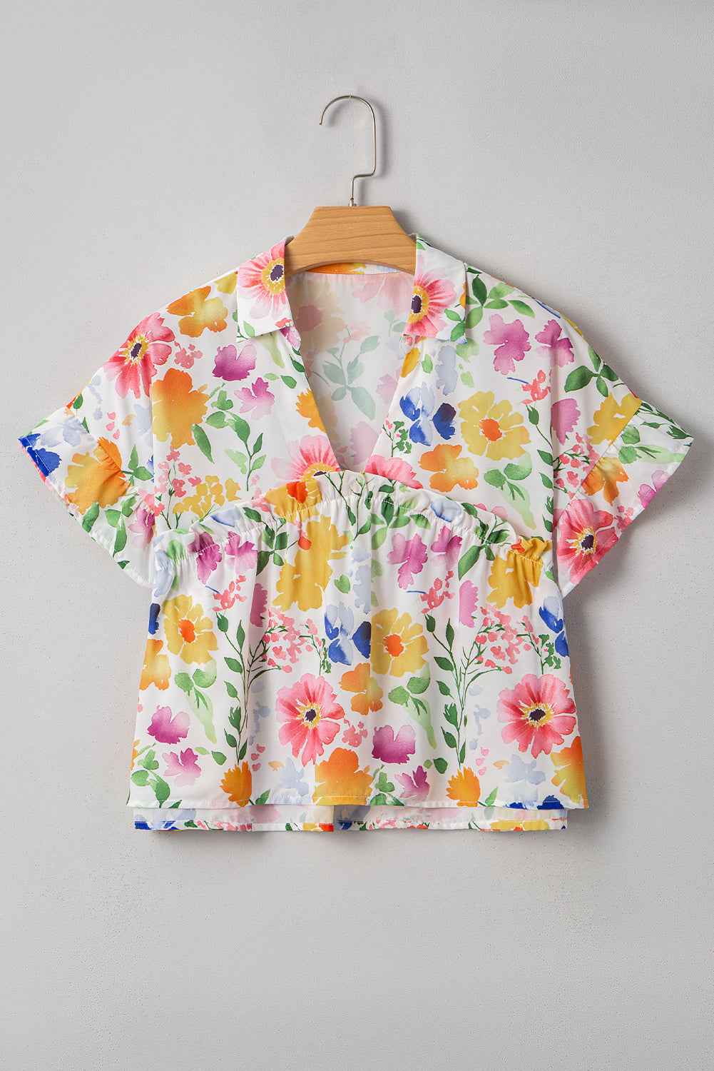 Yellow Floral Boxy Fit Ruffled Short Sleeve V Neck Blouse