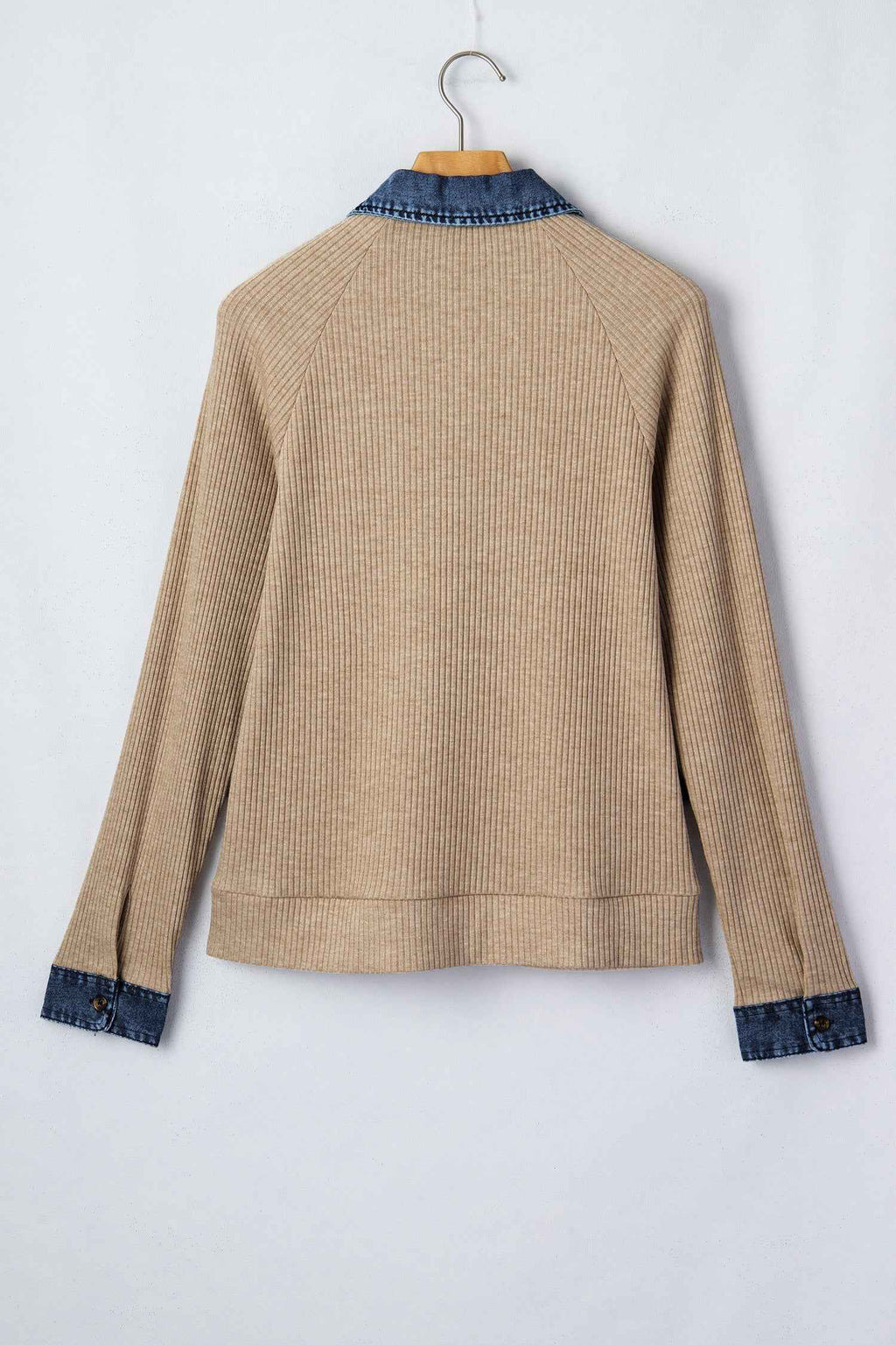 Beige Ribbed Knit Denim Patchwork Button Polo Collar Cuffed Long Sleeve Top