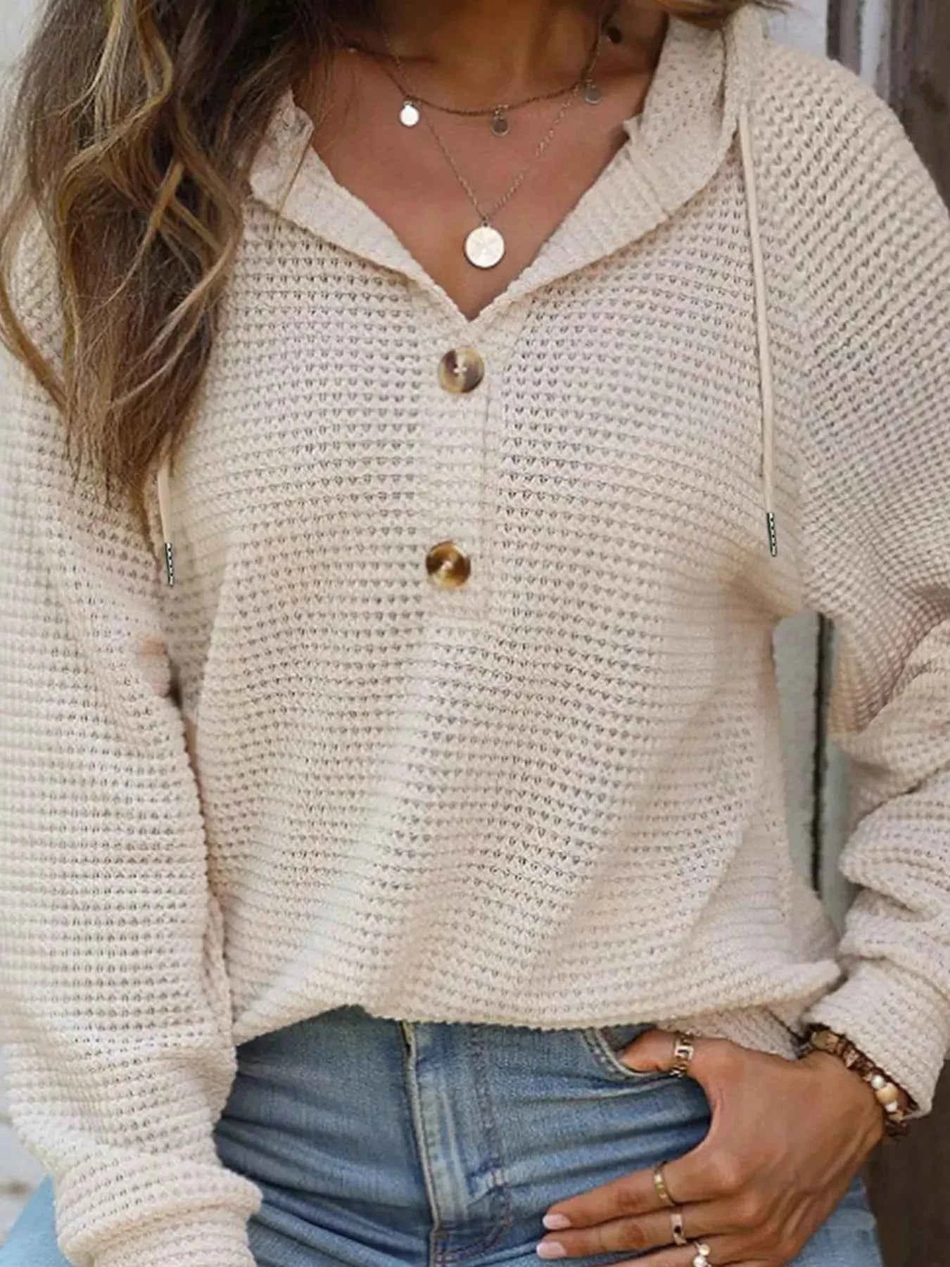 Casual Button Detail Waffle Knit Hoodie