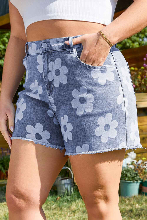 Ashleigh Blue Floral Pattern High Waist Raw Hem Plus Size Denim Shorts by Wild and Free Boutique