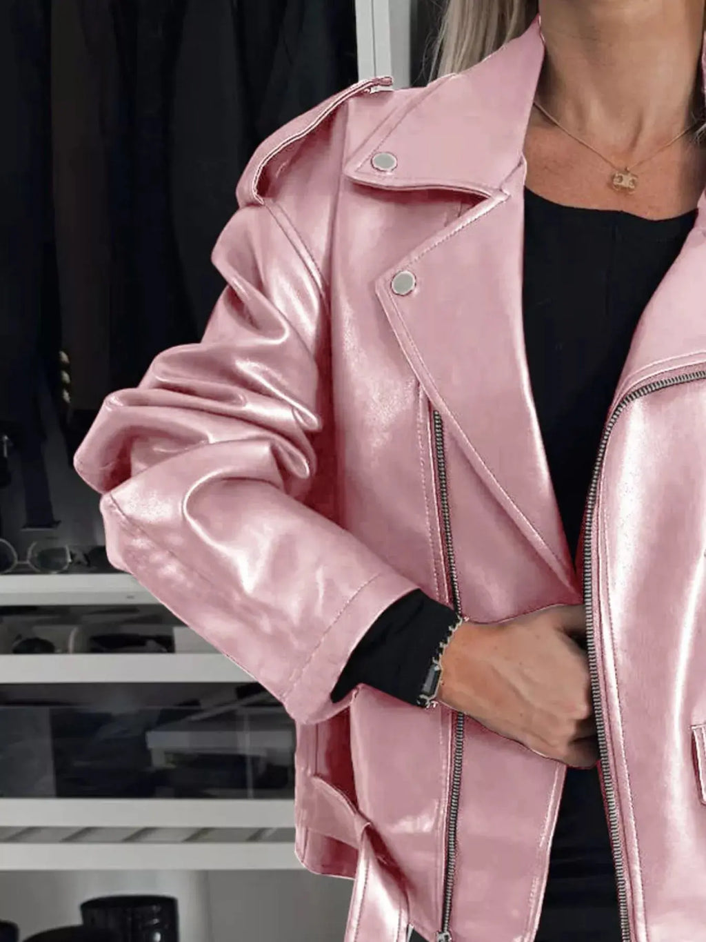 Plus Size Zip Up Long Sleeve Faux Leather Jacket