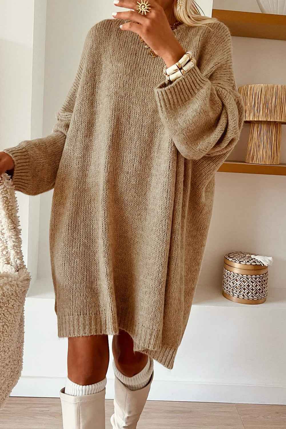 Pale Khaki Oversize Drop Shoulder Slouchy Sweater Dress