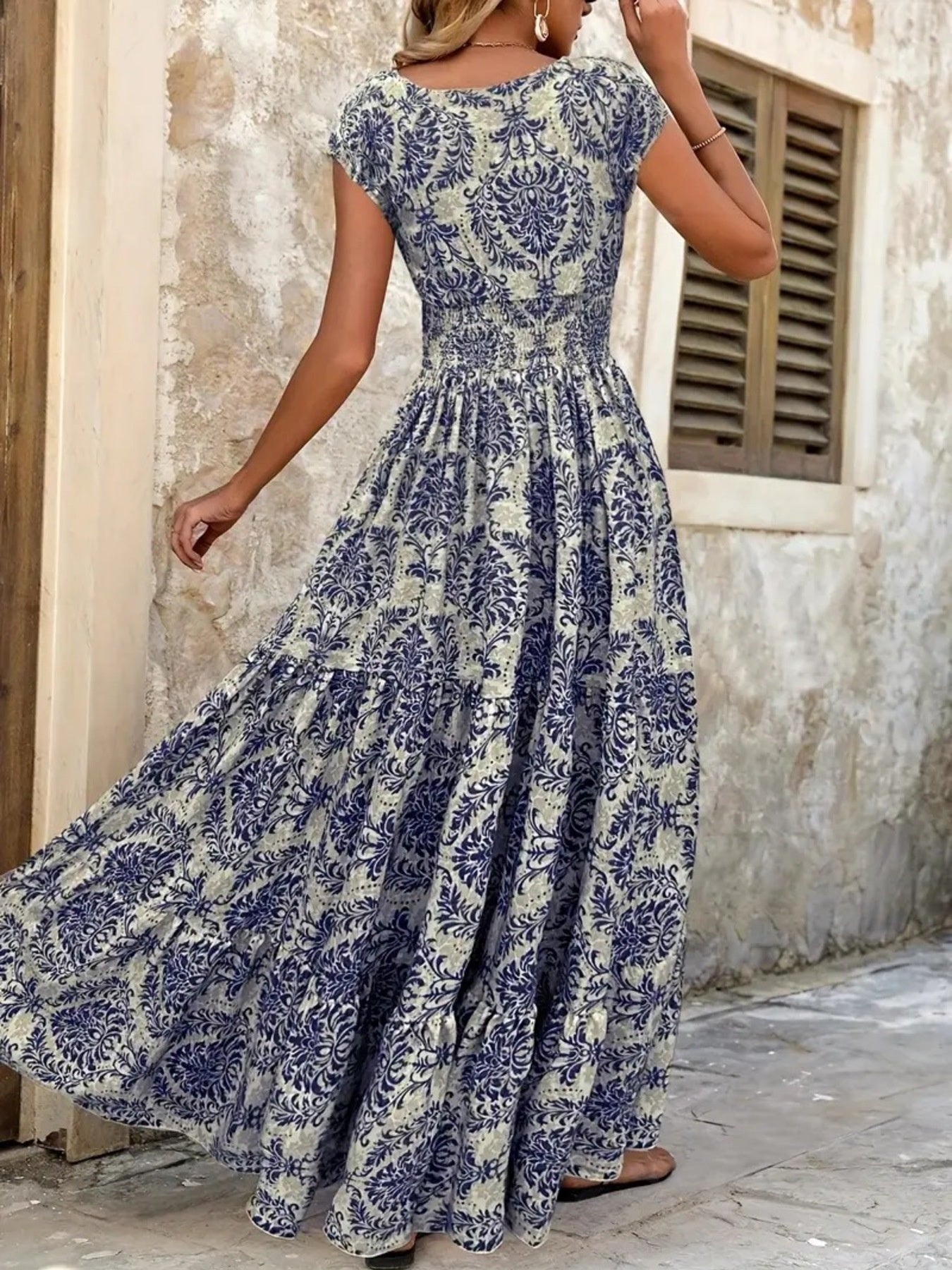 Printed Cap Sleeve Maxi Dress by Shopiebay