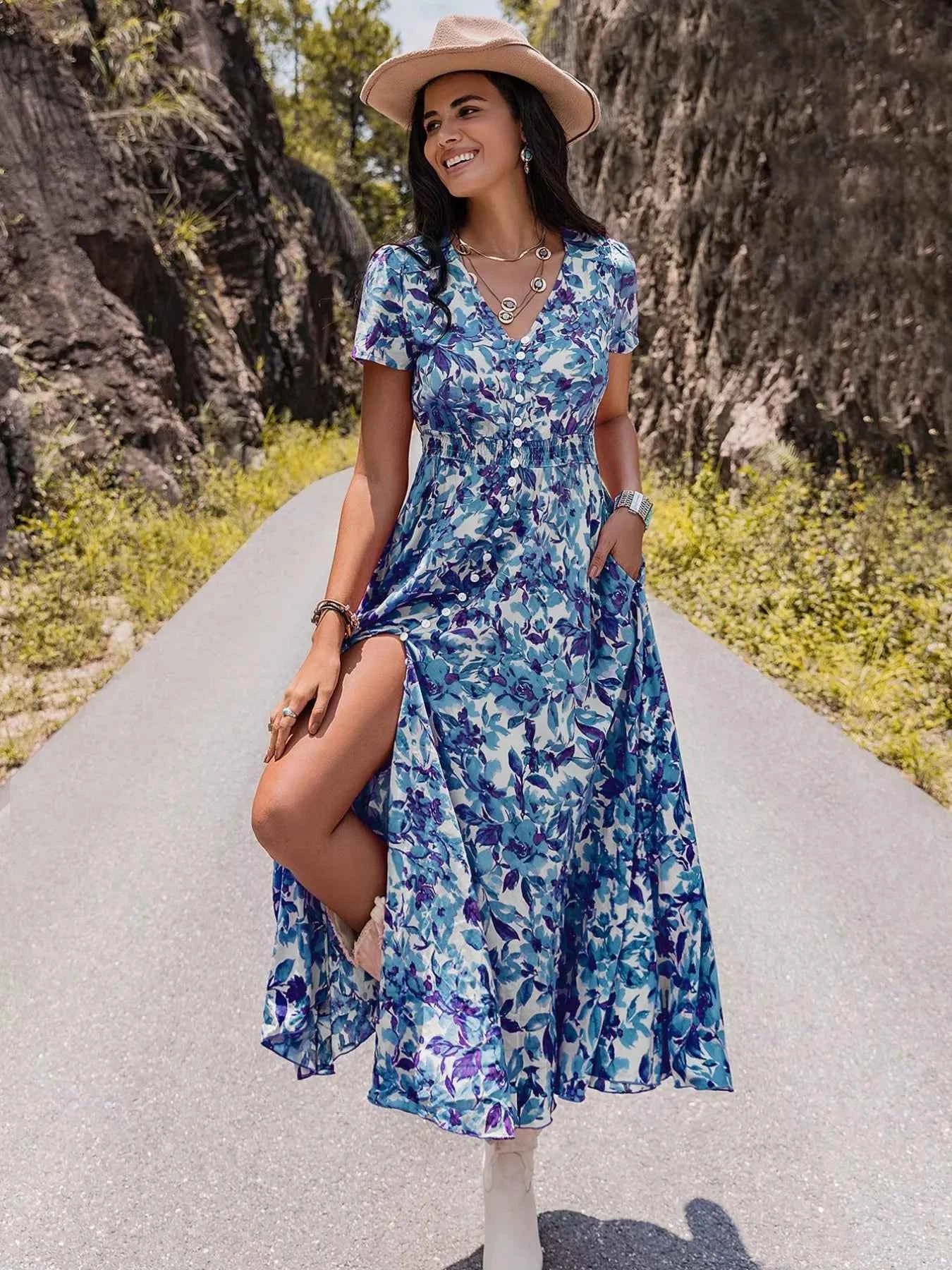 Floral Print Slit Front V Neck Midi Dress